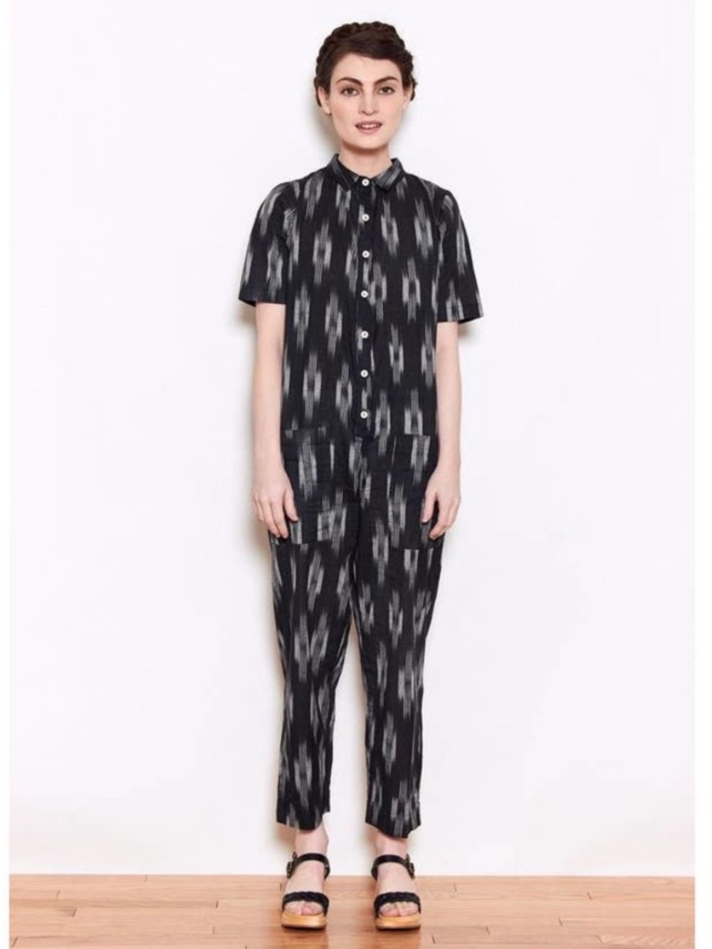 Short-Sleeve Black Ikat Jumpsuit